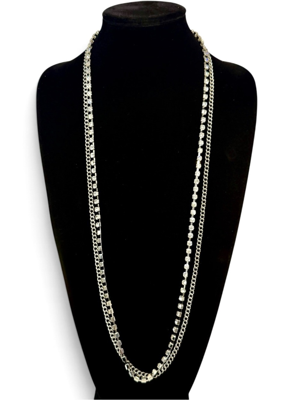CHICO’S Long Crystal Tennis Chain Layered Necklace 36” NWT